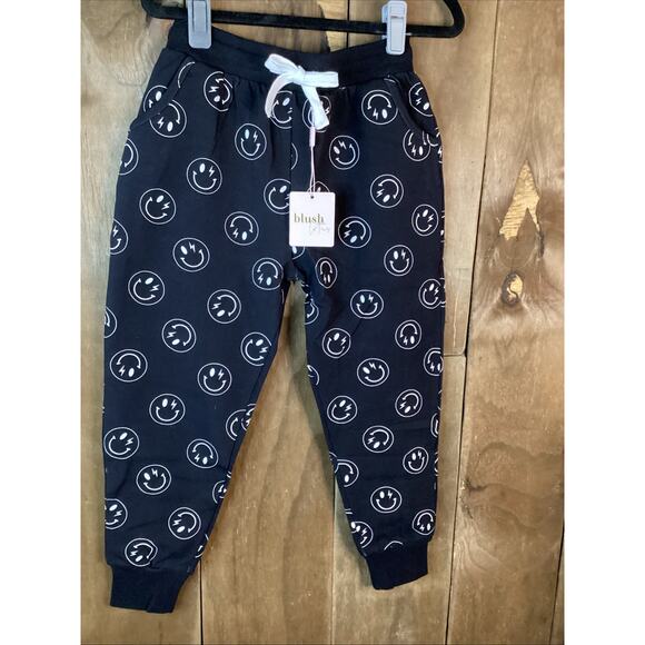 Blush Lotus Black With White Smiley Face French Terry Jogger Size 7Y - Picture 2 of 5